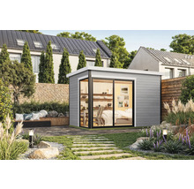 Jardin avec cabanon de jardin moderne et allée aménagée