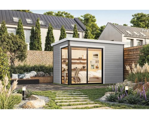 Abri de jardin Outdoor Life Austin 2 avec plancher 379,6 x 259,6 cm gris clair Jardin avec cabanon de jardin moderne et allée aménagée