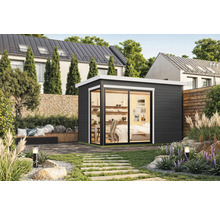 Abri de jardin moderne avec portes coulissantes et aménagement paysager élégant.