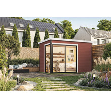 Abri de jardin avec porte coulissante et aménagement dans le jardin