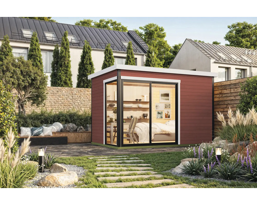 Abri de jardin avec porte coulissante et aménagement dans le jardin