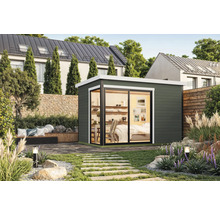 Abri de jardin avec porte coulissante et aménagement intérieur dans un jardin soigné