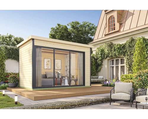 Abri de jardin Outdoor Life Austin 3 avec plancher 379,6 x 259,6 cm naturel Maison de jardin avec porte coulissante en verre et terrasse dans le jardin