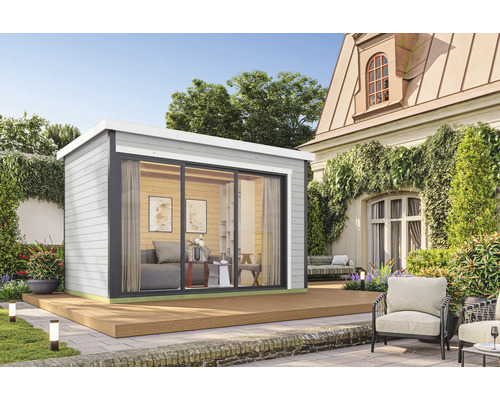 Abri de jardin Outdoor Life Austin 3 avec plancher 379,6 x 259,6 cm gris clair Abri de jardin moderne avec porte coulissante et terrasse périphérique dans un jardin bien entretenu