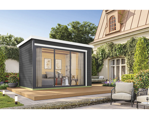 Abri de jardin Outdoor Life Austin 3 avec plancher 379,6 x 259,6 cm gris carbone Abri de jardin moderne avec porte coulissante et terrasse dans le jardin.