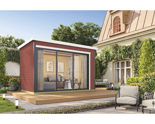 Abri de jardin Outdoor Life Austin 3 avec plancher 379,6 x 259,6 cm rouge suédois Abri de jardin moderne avec porte coulissante et terrasse dans le jardin.