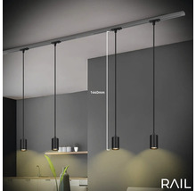 Schienensystem mit vier Pendelleuchten und einer Höhenangabe von 1440 mm.