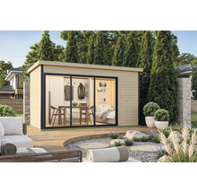 Abri de jardin moderne avec portes coulissantes, aménagé avec table à manger et coin nuit