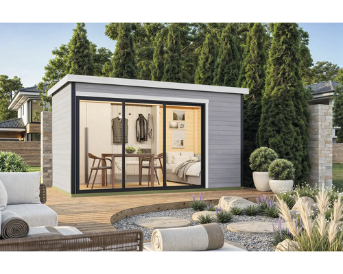 Abri de jardin Outdoor Life Austin 4 avec plancher 439,6 x 259,6 cm gris clair Abri de jardin avec porte coulissante et éléments en bois dans un espace extérieur aménagé.