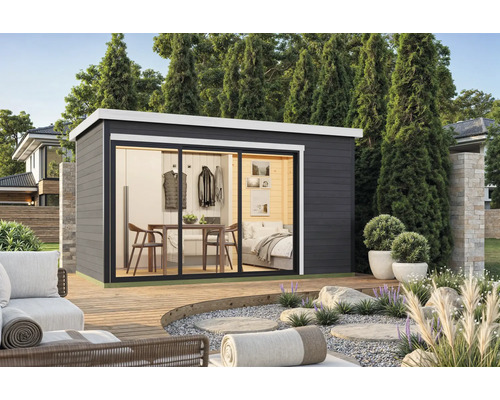 Abri de jardin Outdoor Life Austin 4 avec plancher 439,6 x 259,6 cm gris carbone Abri de jardin moderne avec portes coulissantes, équipé d'une table, de chaises et d'un lit.