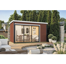 Abri de jardin moderne avec porte coulissante et plancher en bois à l'extérieur.