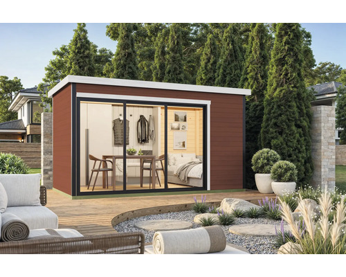 Abri de jardin moderne avec porte coulissante et plancher en bois à l'extérieur.