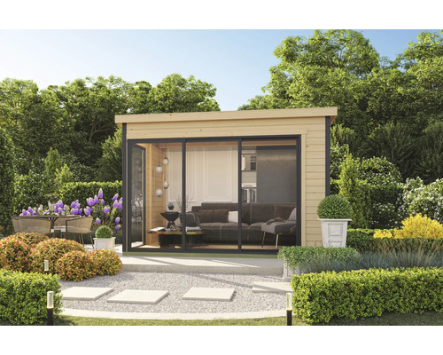 Maison de jardin moderne avec portes coulissantes, coin salon et jardin soigné