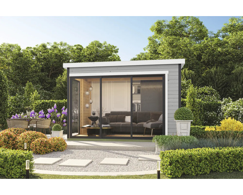 Abri de jardin Outdoor Life Austin 5 avec plancher 379,6 x 259,6 cm gris clair Abri de jardin avec coin salon et terrasse extérieure dans un jardin soigné