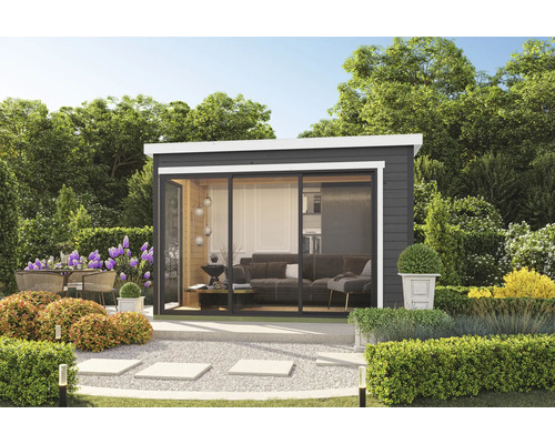 Abri de jardin Outdoor Life Austin 5 avec plancher 379,6 x 259,6 cm gris carbone Abri de jardin moderne avec portes coulissantes et intérieur élégant, situé au milieu d'un jardin soigné.