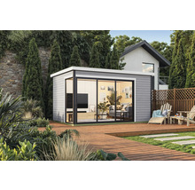 Abri de jardin moderne avec terrasse et mobilier de jardin