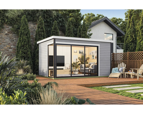 Abri de jardin Outdoor Life Austin 6 avec plancher 439,6 x 319,6 cm gris clair Abri de jardin moderne avec terrasse et mobilier de jardin