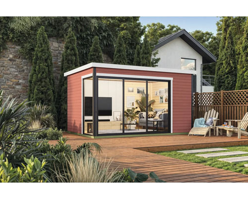 Abri de jardin Outdoor Life Austin 6 avec plancher 439,6 x 319,6 cm rouge suédois Maison de jardin moderne avec portes coulissantes et terrasse en bois dans un environnement de jardin verdoyant