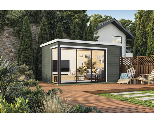 Abri de jardin Outdoor Life Austin 6 avec plancher 439,6 x 319,6 cm gris-vert Abri de jardin moderne avec grande fenêtre et terrasse dans le jardin.