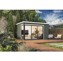 Abri de jardin moderne avec grande fenêtre et terrasse