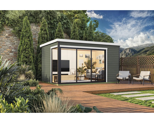 Abri de jardin moderne avec grande fenêtre et terrasse