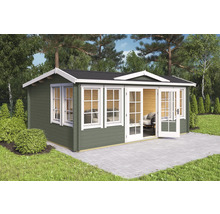 Maison de jardin en bois avec fenêtres et porte double sur surface pavée