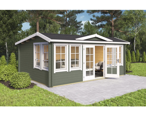 Abri de jardin Outdoor Life Balmoral 44 avec plancher 570 x 421,3 cm vert gris Maison de jardin en bois avec fenêtres et porte double sur surface pavée