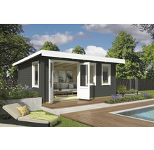 Abri de jardin avec terrasse, piscine et chaise longue dans le jardin