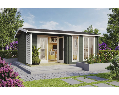 Abri de jardin avec porte double ouverte et fenêtres