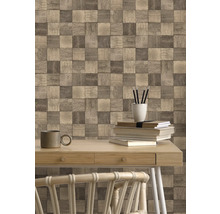 Büro mit Holzblock Tapete im Schachbrettmuster, Schreibtisch und Stuhl