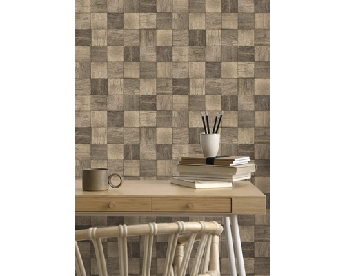 Büro mit Holzblock Tapete im Schachbrettmuster, Schreibtisch und Stuhl