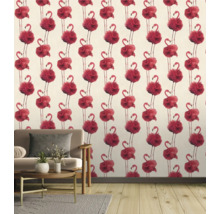 Salon avec papier peint à motif flamant rose