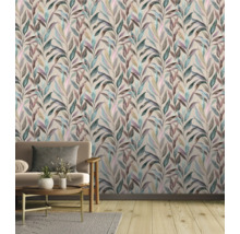 Salon avec papier peint à motifs de feuilles