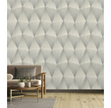 Salon avec papier peint tridimensionnel structuré et meubles