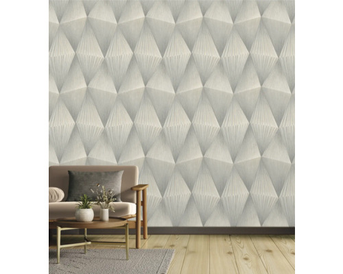 Salon avec papier peint tridimensionnel structuré et meubles