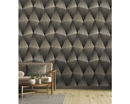 Salon avec papier peint géométrique tridimensionnel et canapé