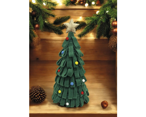 Dekorativer Weihnachtsbaum aus Filz mit Stern und bunten Kugeln als Tischdekoration