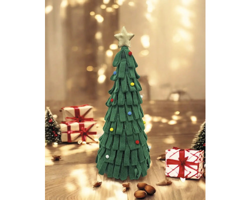 Dekorativer Weihnachtsbaum aus Stoff mit Sternspitze und kleinen bunten Kugeln