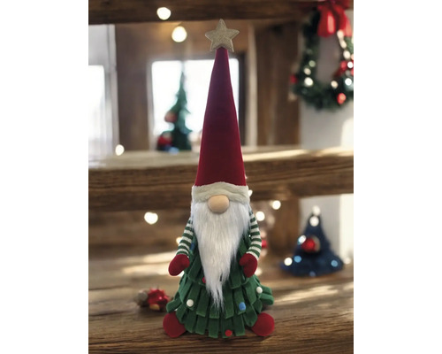 Dekorativer Weihnachtswichtel mit Tannenbaumkörper und Stern auf der Mütze als festliche Dekoration