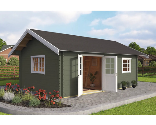 Abri de jardin Outdoor Life Caroline Set Gold avec plancher, mezzanine, vitrage isolant 675 x 489,9 cm gris-vert Abri de jardin avec double porte, fenêtres et toit à deux pentes