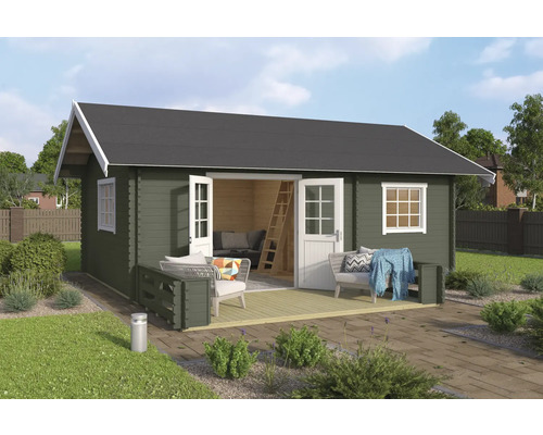 Outdoor Life terrace for Caroline garden shed, 365 x 200 cm, gray-green Maison de jardin en bois avec terrasse et mobilier de jardin à l''extérieur.