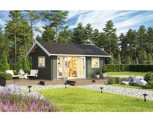 Abri de jardin Outdoor Life Caroline 2.1 avec plancher 675 x 489,9 cm gris-vert Jardin avec abri de jardin en bois, terrasse et mobilier de jardin