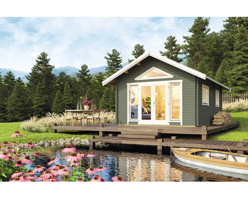 Abri de jardin Outdoor Life Caroline 2.2 avec plancher 489,9 x 675 cm gris-vert Maison en bois au bord du lac avec terrasse et ponton