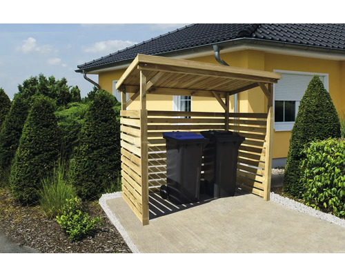 Cache-poubelles en bois avec deux poubelles dans une cour