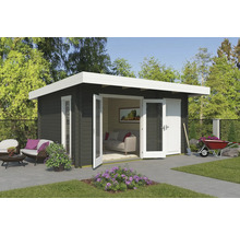 Abri de jardin avec porte double, fenêtre et outils de jardin à l''extérieur