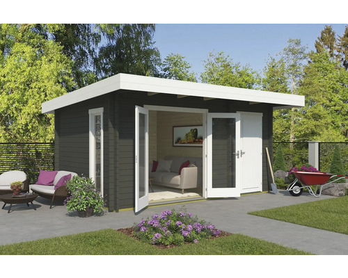 Abri de jardin Outdoor Life Chameleon 44 avec plancher 510 x 410 cm vert gris Abri de jardin avec porte double, fenêtre et outils de jardin à l''extérieur