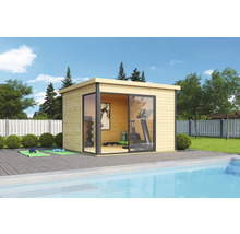 Abri de jardin en bois avec porte coulissante et équipement de fitness à côté d'une piscine