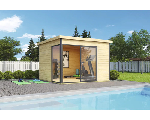 Abri de jardin Outdoor Life Domeo 1 avec sol 319,6 x 319,6 cm naturel-anthracite Abri de jardin en bois avec porte coulissante et équipement de fitness à côté d'une piscine