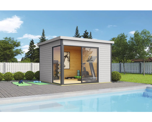 Abri de jardin Outdoor Life Domeo 1 avec sol 319,6 x 319,6 cm gris clair-anthracite Abri de jardin avec porte coulissante et appareils de fitness à côté d'une piscine