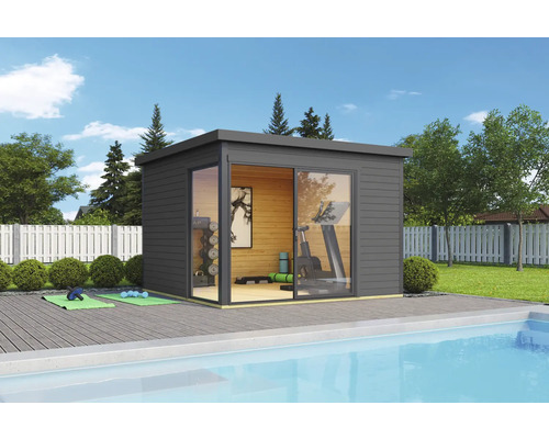 Abri de jardin Outdoor Life Domeo 1 avec sol 319,6 x 319,6 cm gris carbone-anthracite Maison de jardin en bois avec équipements sportifs et portes coulissantes à côté de la piscine